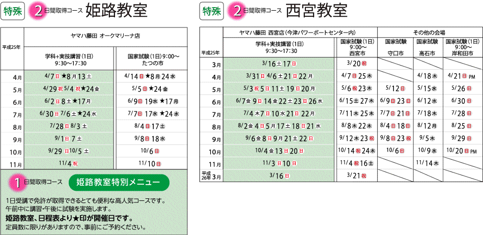 特別限定コース日程表