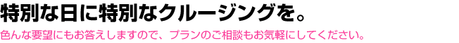 特別な日に特別なクルージングを。色んな要望にもお答えしますので、プランのご相談もお気軽にしてください。