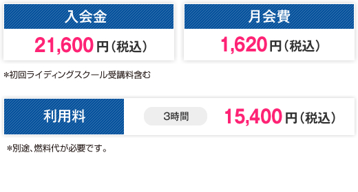 入会金21,600円（税込） 月会費1,620円（税込）＊初回ライディングスクール受講料含む
						 利用料3時間15,400円（税込） 利用料6時間23,700円（税込）＊別途、燃料代が必要です。