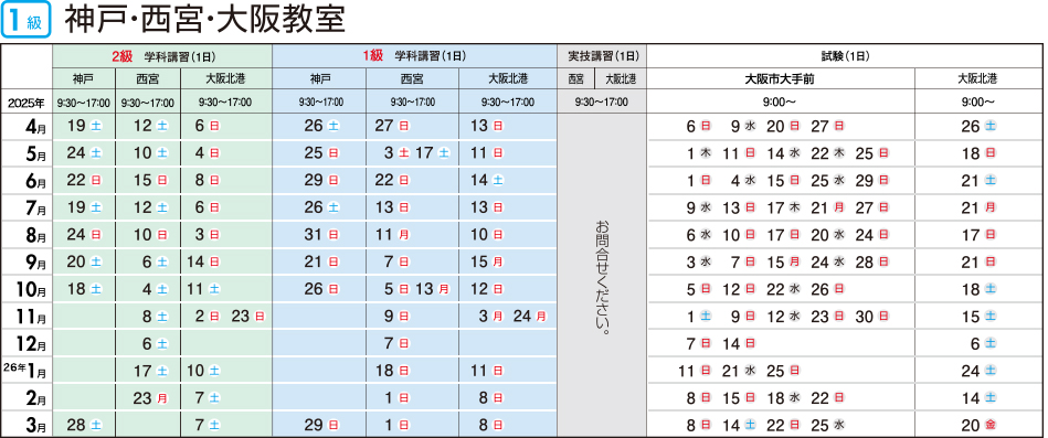 2級・1級コース日程表