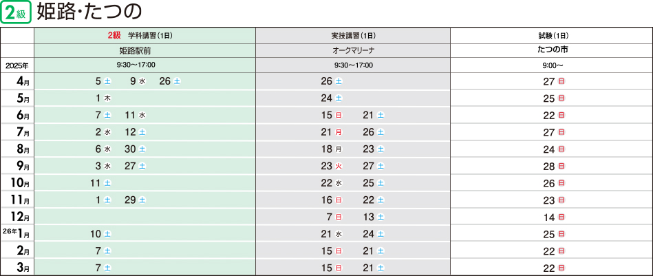 2級・1級コース日程表