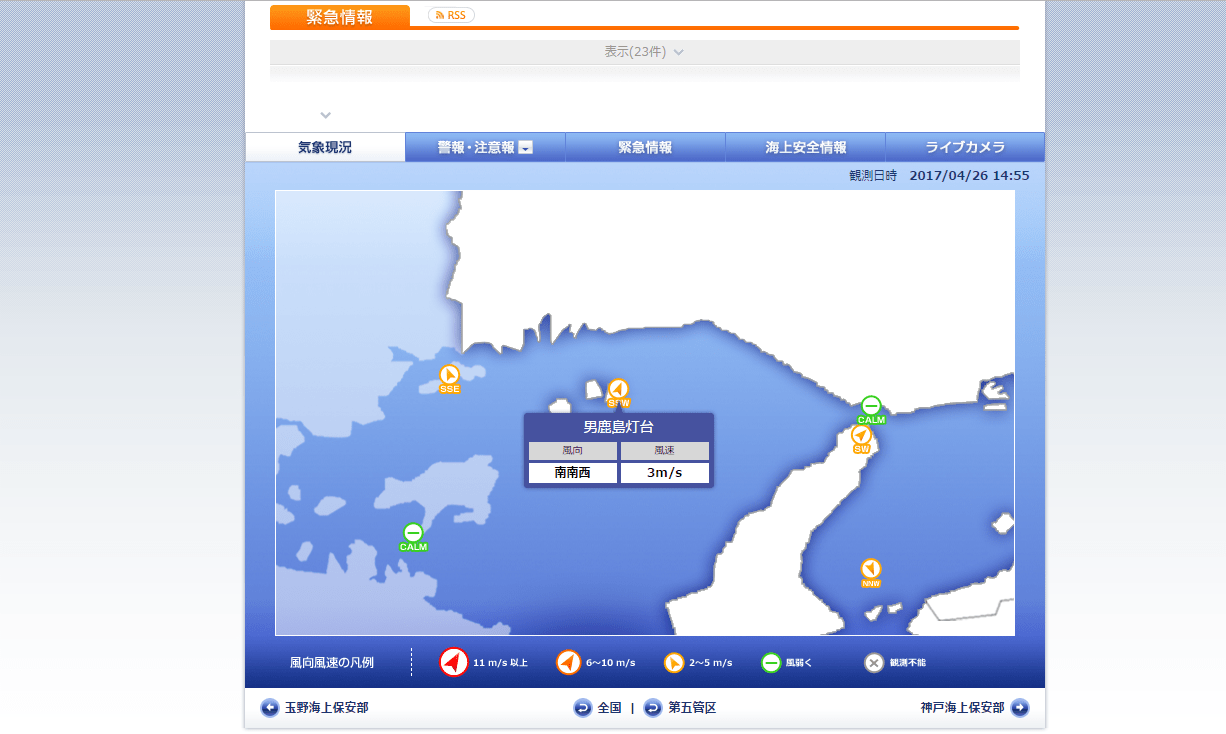 このように姫路周辺の観測地から風向風速が調べれます。